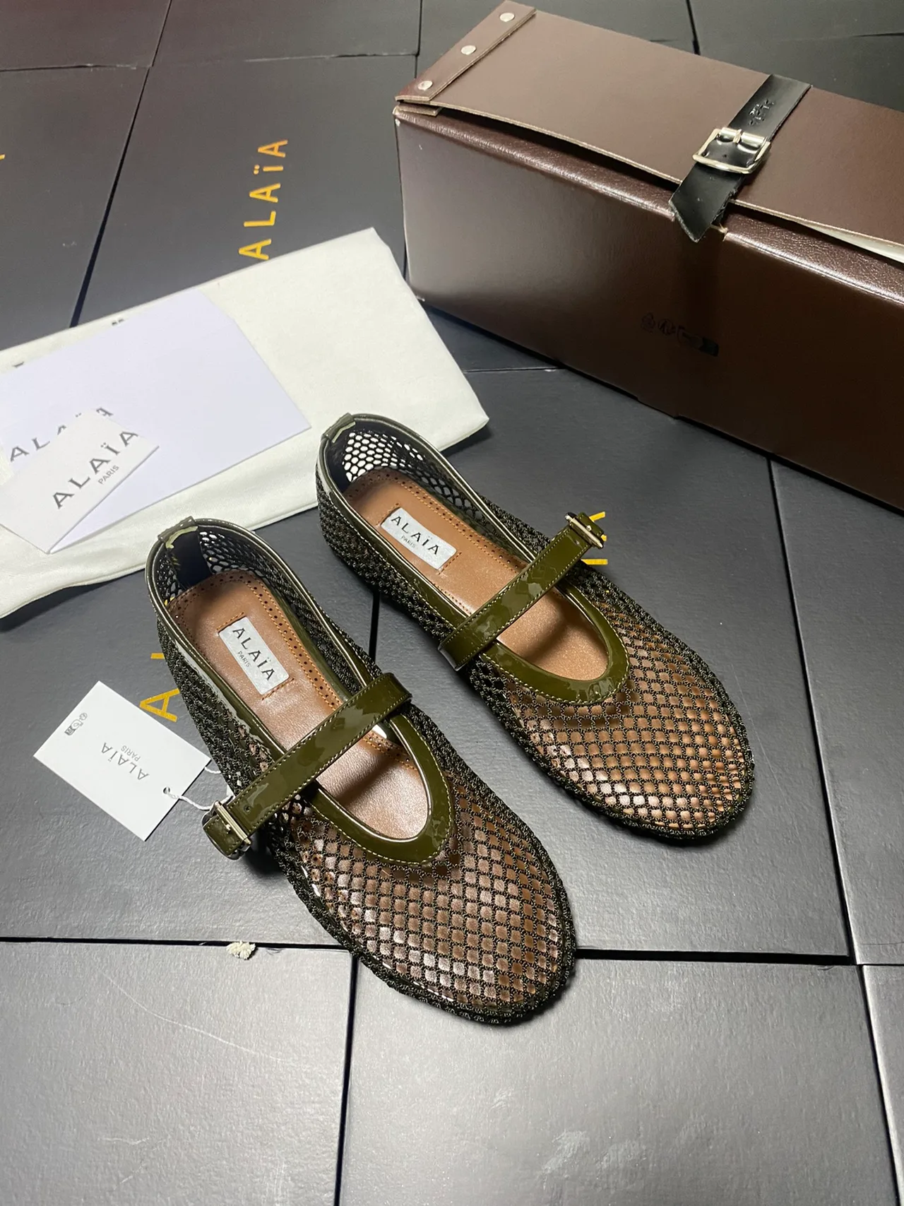 Alaia Cowhide Sheepskin Mesh Mary Jane Flats in Green · view 4