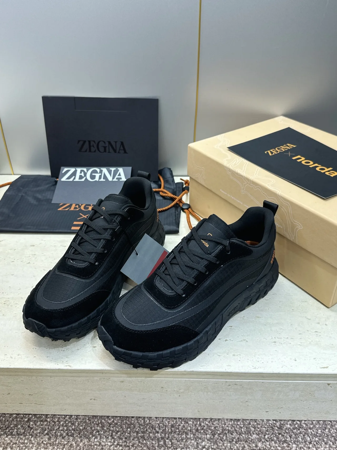 Zegna Suede-Look Round-Toe Sneakers in Black · view 3