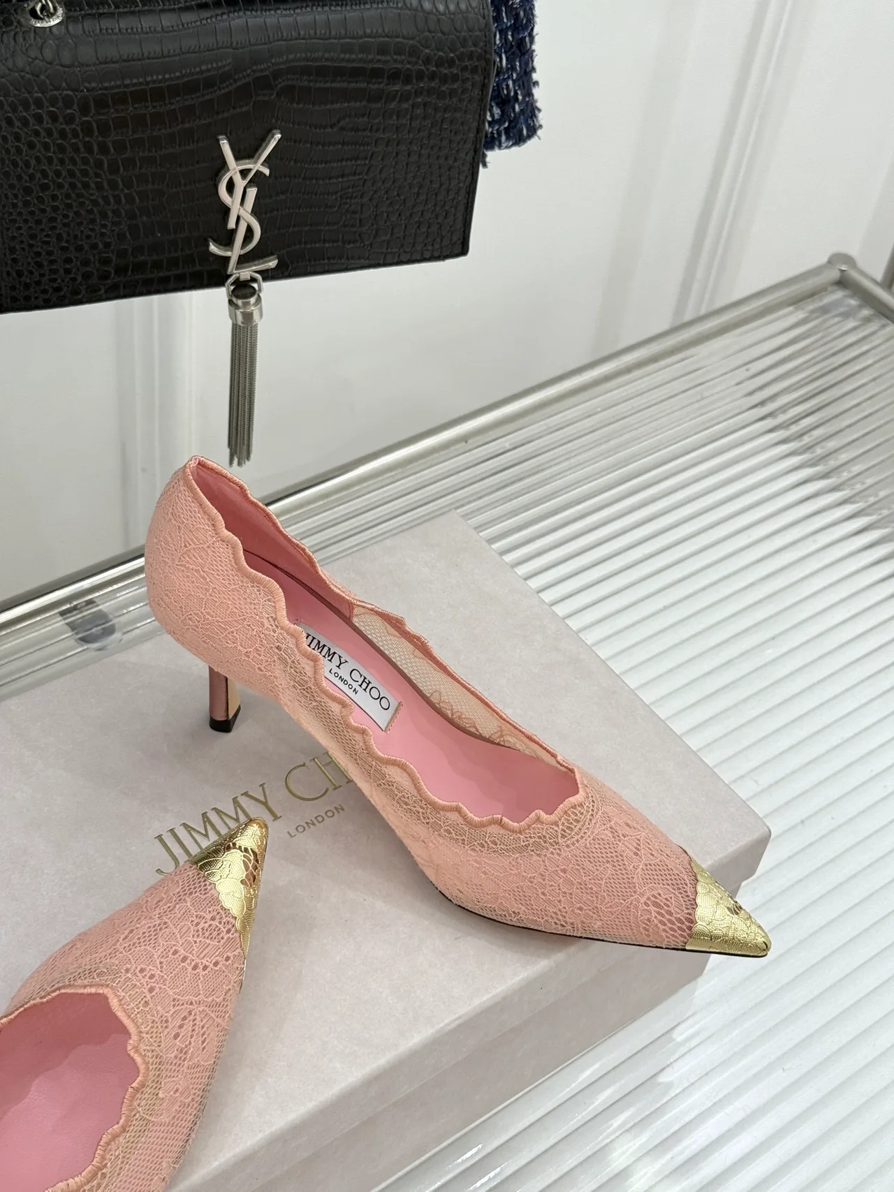 Jimmy Choo Smooth Pointed-Toe Lace Heel Pumps in Pink · view 5