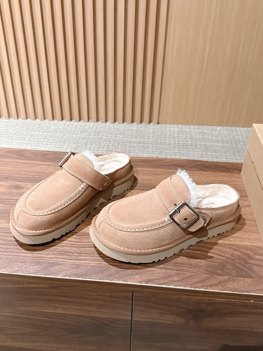 UGG Suede-Look Buckle Mules in Beige · view 2