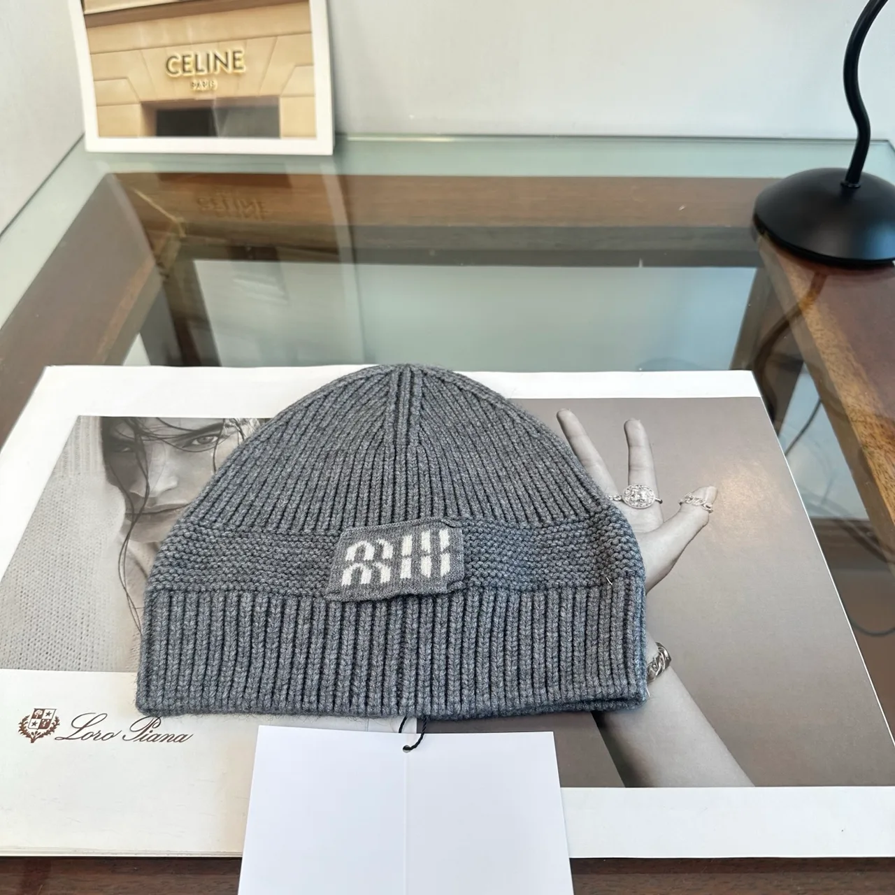 Miu Miu Ribbed Beanie in Grey · view 1