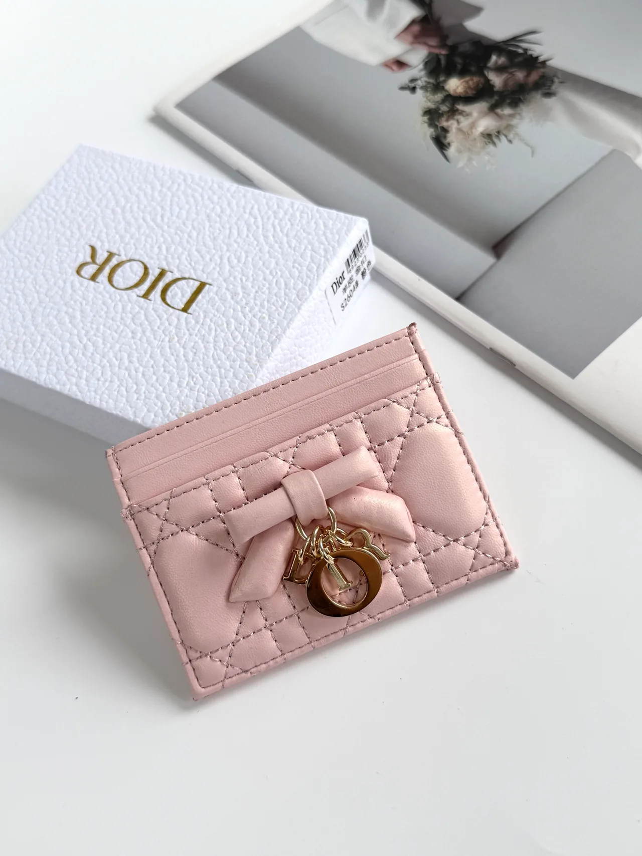 Dior Lambskin Quilted Bow Cardholder in Pink · view 1