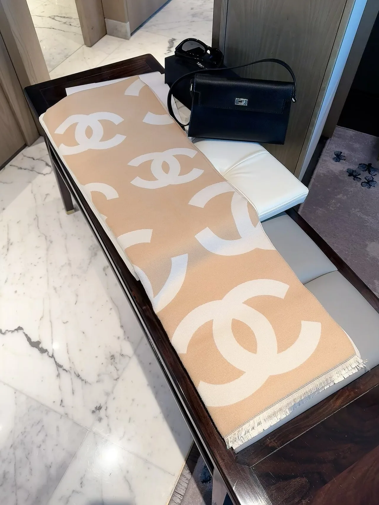 Chanel CC Jacquard Scarf in Beige & Black · view 1