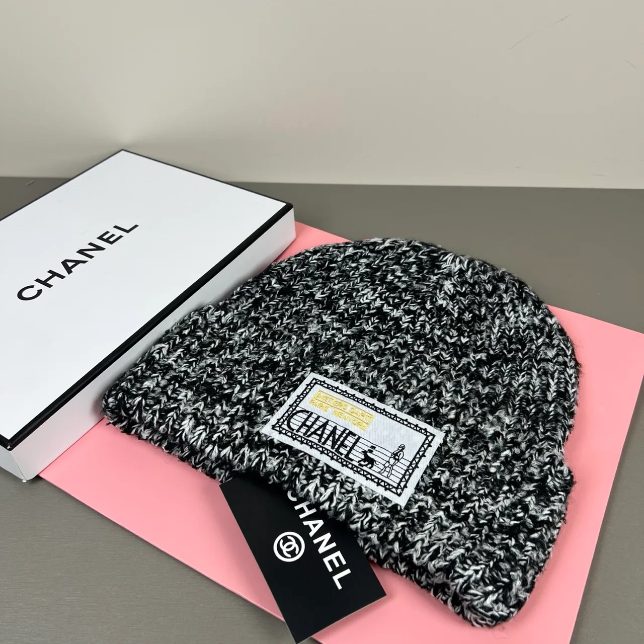 Chanel Flecked Knit Beanie in Burgundy & Grey & Cream & Black · view 6