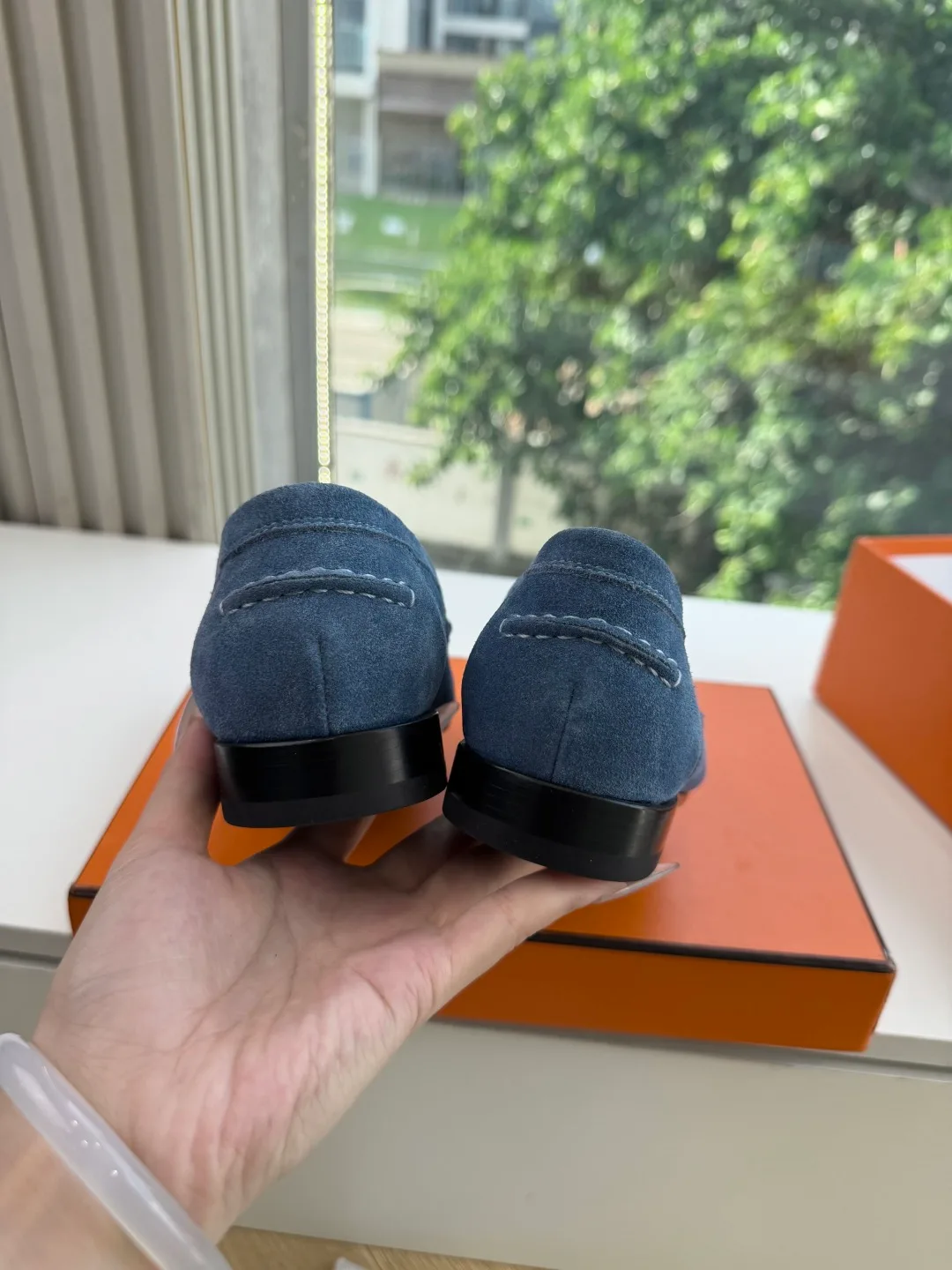 Hermes Calfskin Suede-Look Round-Toe Loafers in Blue · view 8