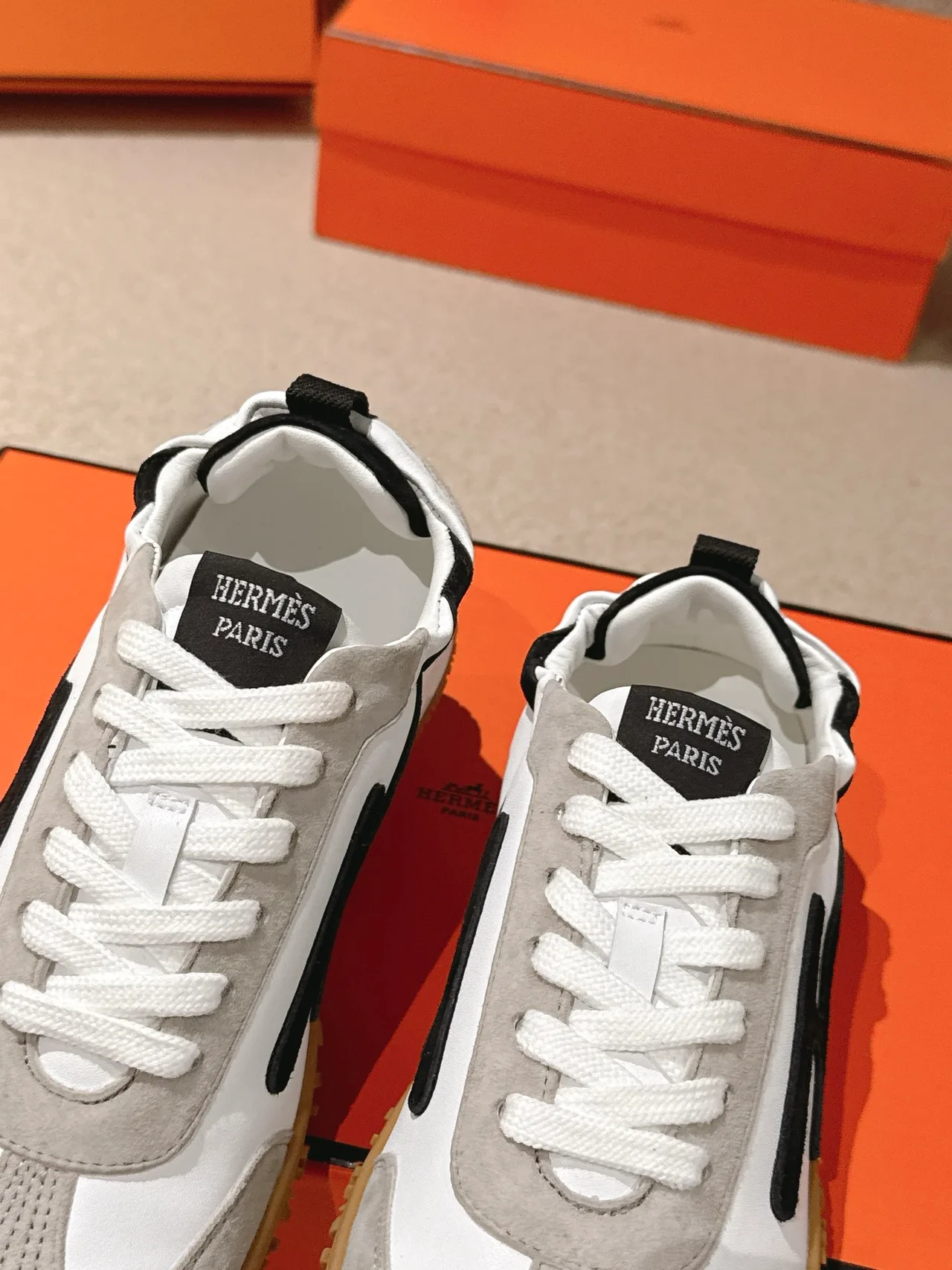 Hermes Sheepskin Suede Striped Round-Toe Sneakers in White · view 4