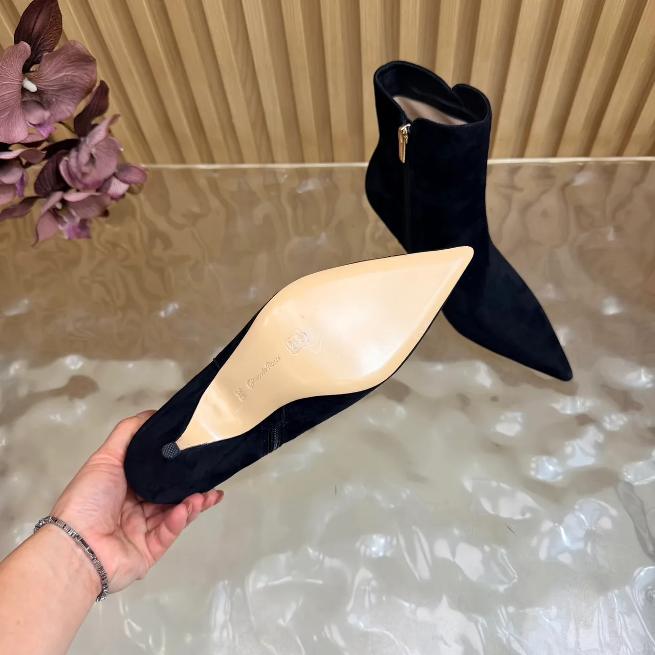 Gucci Suede-Look Pointed-Toe Ankle Boots in Black · view 8