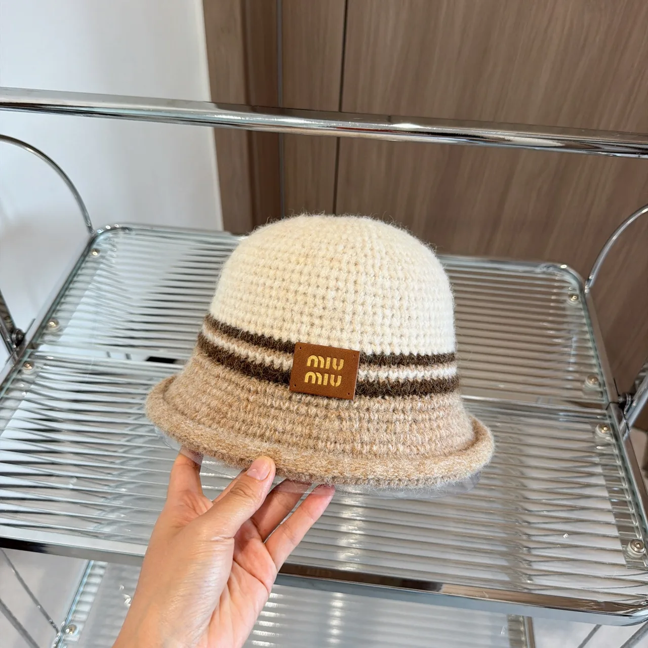 Miu Miu Knit bucket hat in Cream & Brown & Grey · view 6