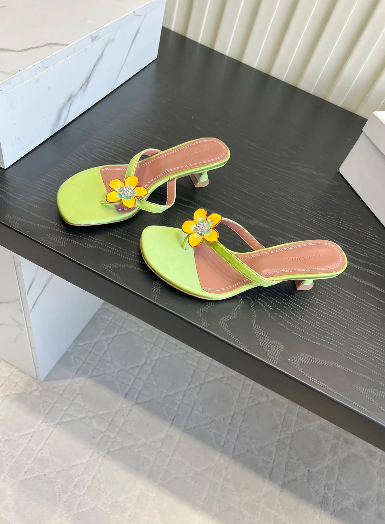 Amina Muaddi Silk Sandals in Green · view 3