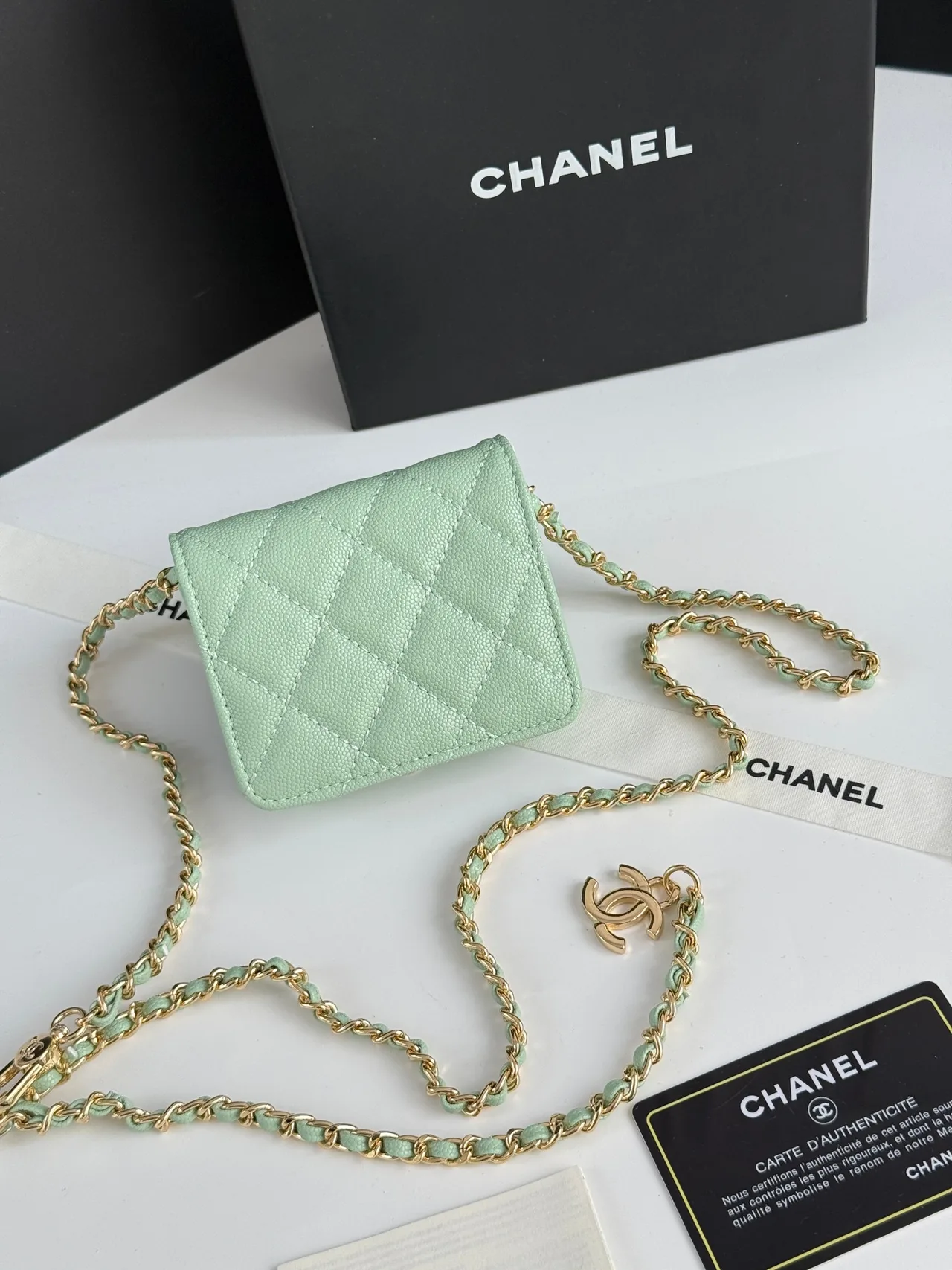 Chanel Quilted Chain Mini Wallet in Green · view 1