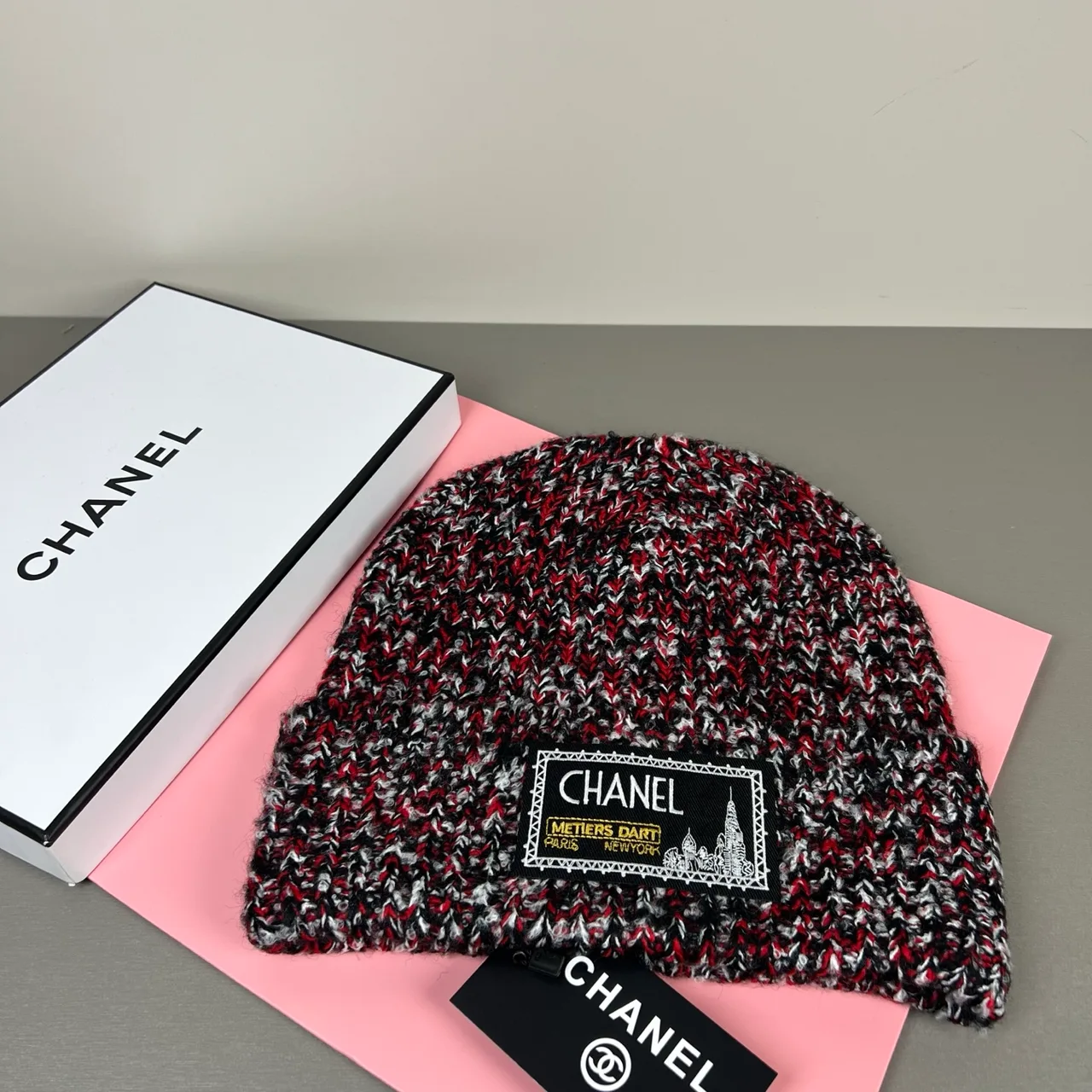 Chanel Flecked Knit Beanie in Burgundy & Grey & Cream & Black · view 1