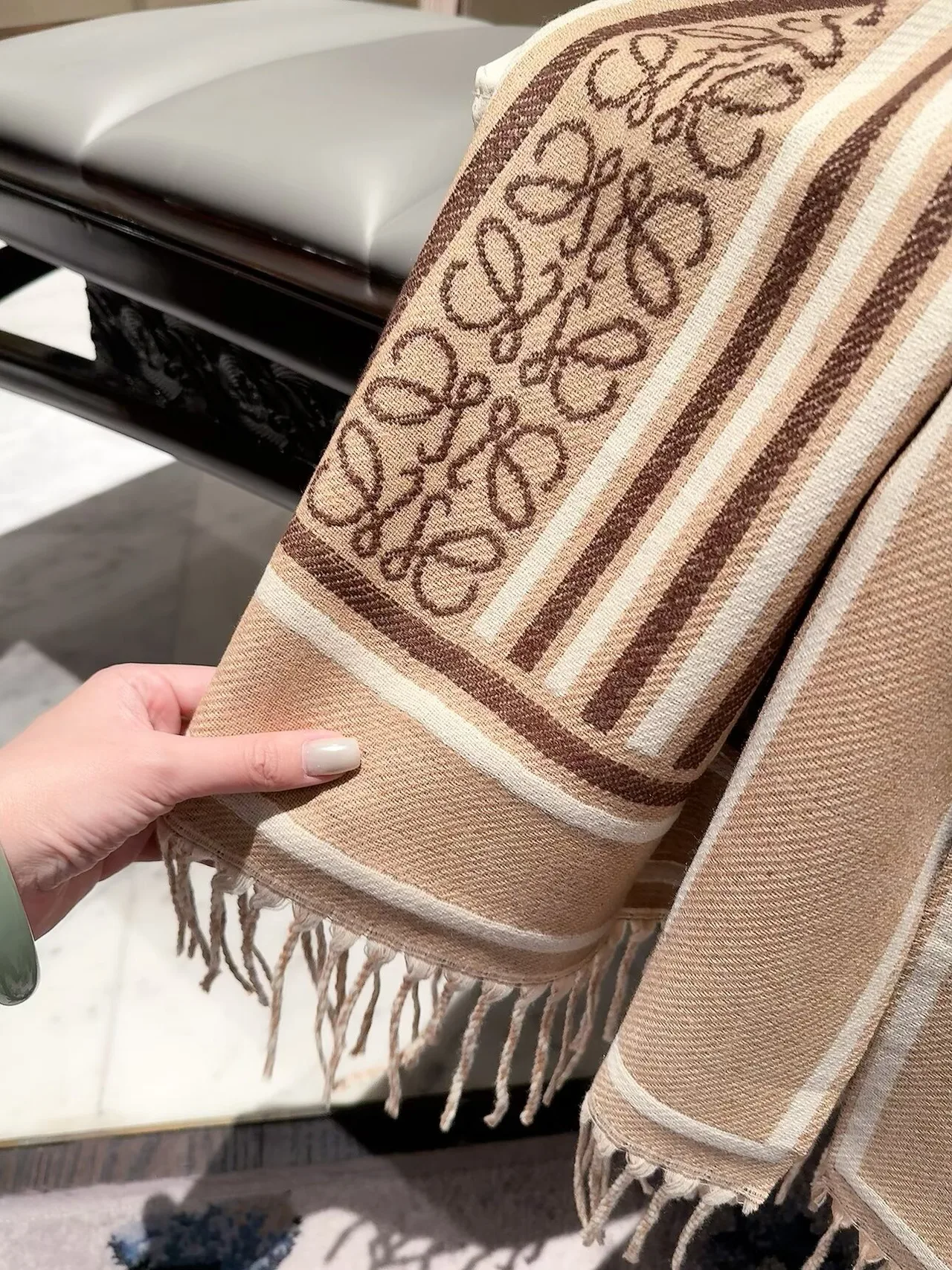 Loewe Striped Anagram fringed scarf in Beige & Brown · view 7