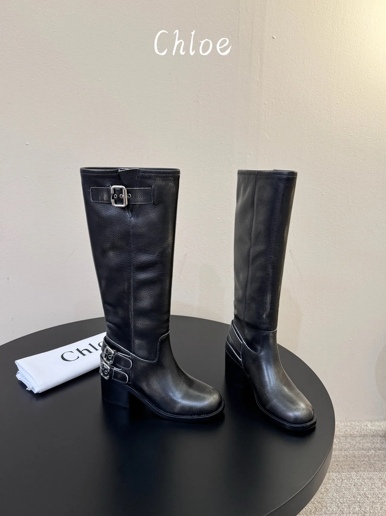 Cowhide Ribbed Glossy Round-Toe Triple-Buckle Knee-High Boots in Black · view 4
