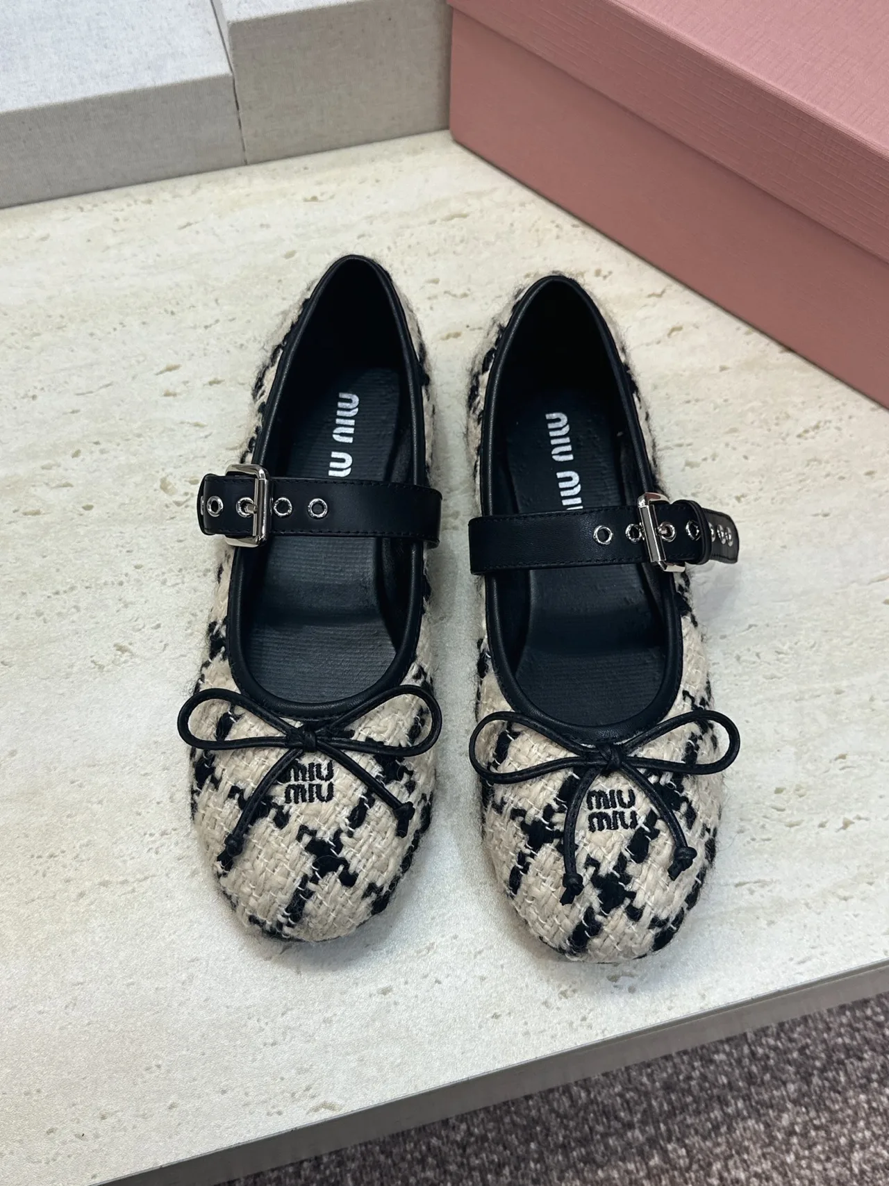 Miu Miu Calfskin Check Square-Toe Round-Toe Mary Jane Flats in Black · view 2