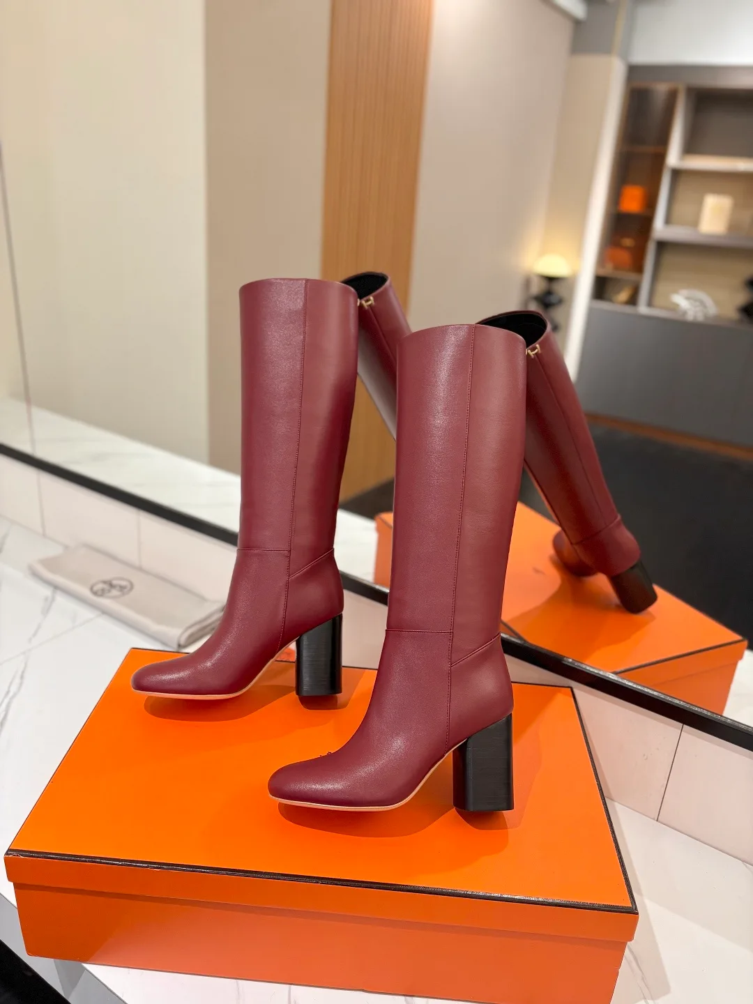 Hermes Cowhide Knee-High Boots in Burgundy · view 5