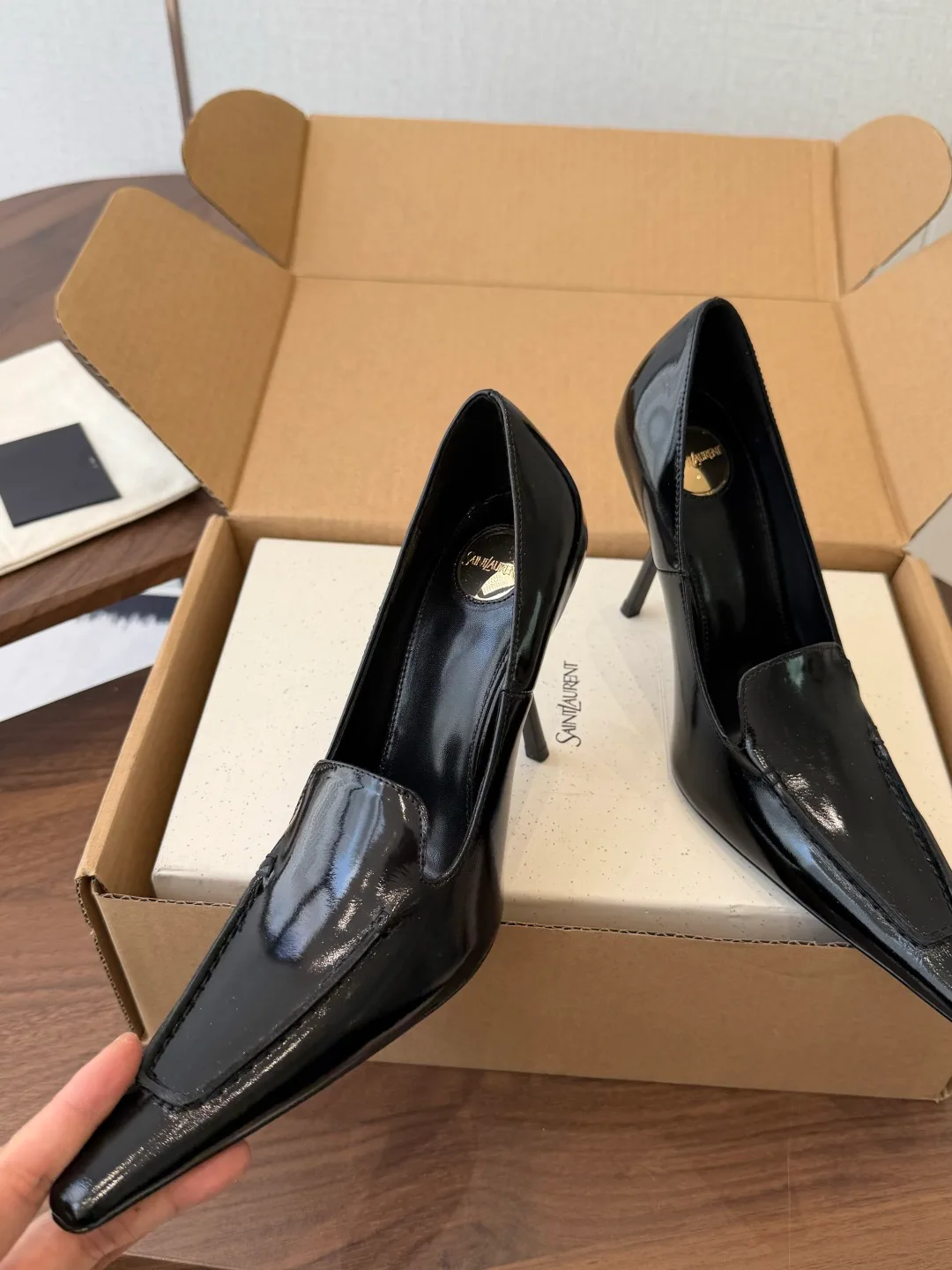 Saint Laurent Cowhide Glossy Pointed-Toe Pumps in Black · view 5