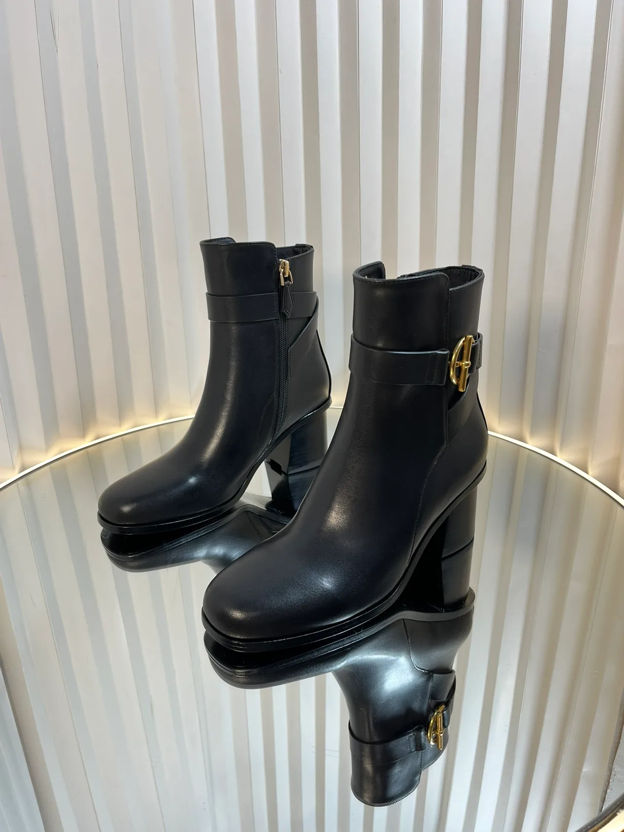 Calfskin Glossy D-Buckle Smooth Ankle Boots in Black · view 2