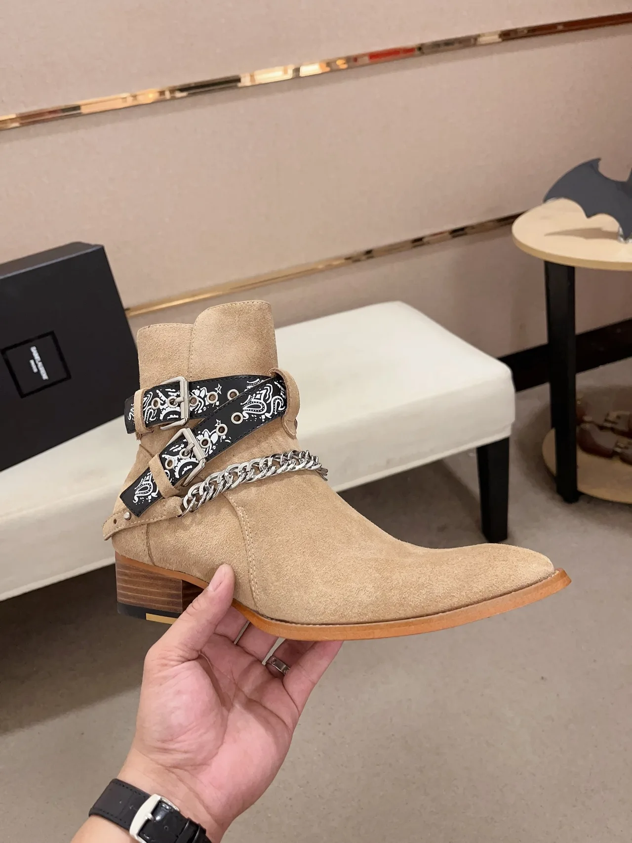 Saint Laurent Cowhide Suede-Look Square-Toe Ankle Boots in Tan · view 4
