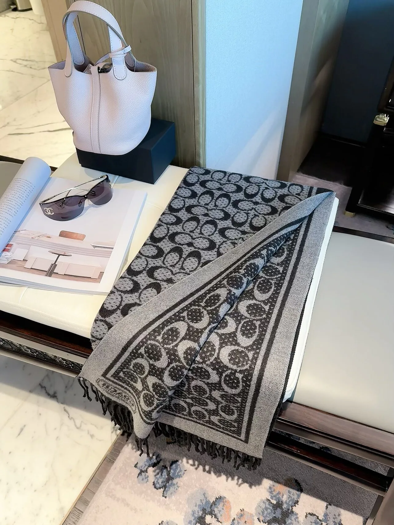 Coach C monogram fringed scarf in Pink & Black · view 2