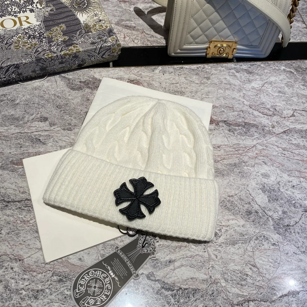 Chrome Hearts Cross Cable-Knit Beanie in Pink & White & Grey & Black & Blue & Red & Brown · view 4