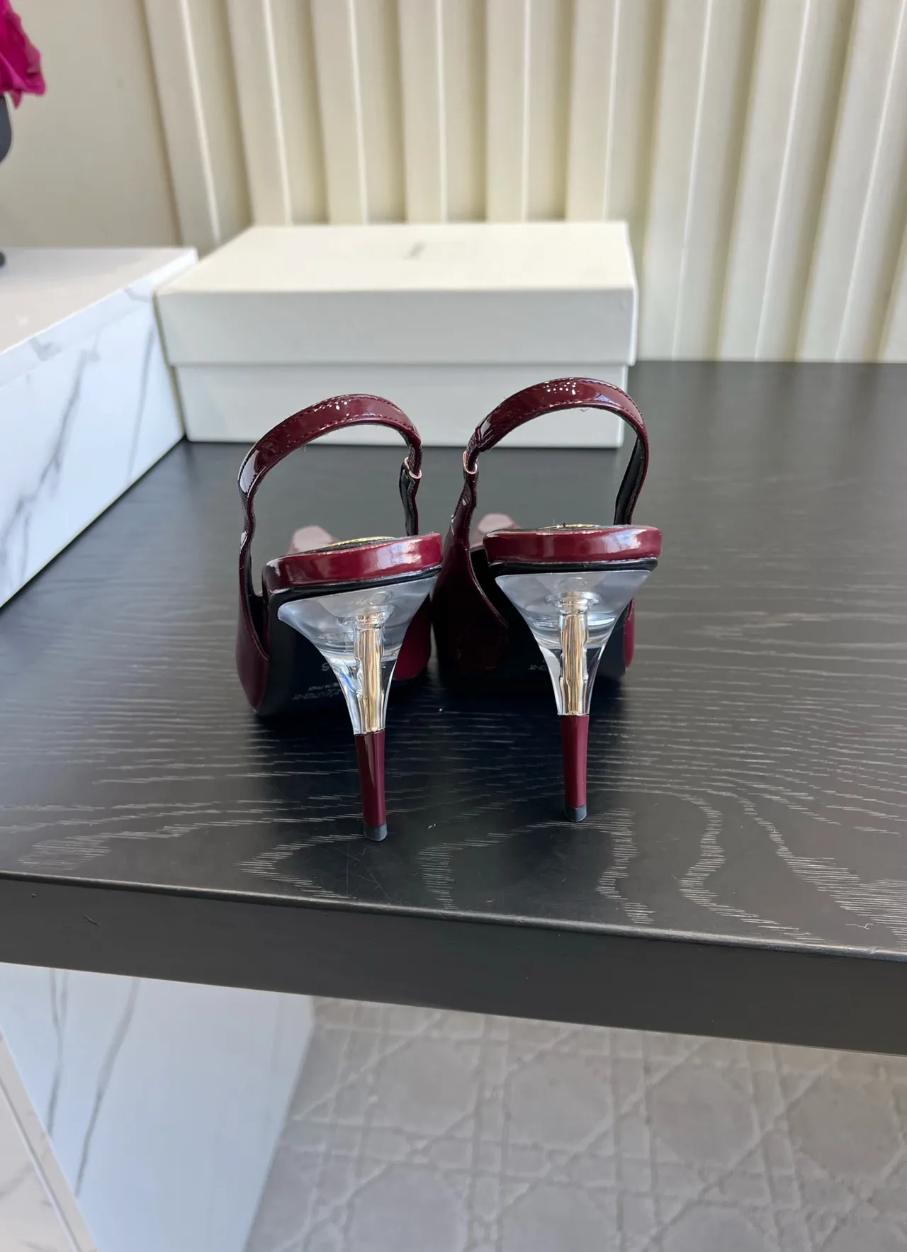 Saint Laurent Cowhide Silk Glossy Pointed-Toe Slingback Shoes in Burgundy · view 5