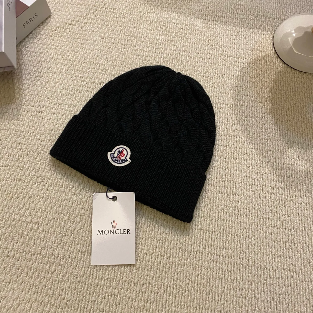 Moncler Beanie in White & Black & Grey & Tan · view 2