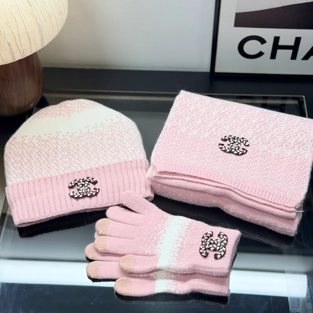 Chanel Ribbed Embroidered Beanie, Scarf and Gloves Set in Pink · view 1