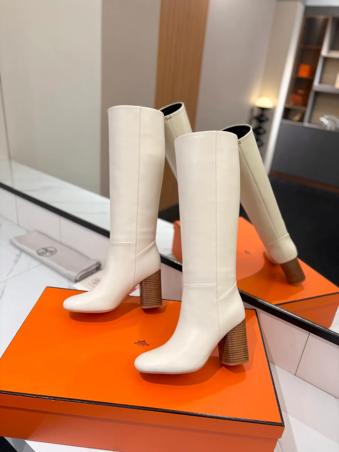 Hermes Cowhide Matte Round-Toe Knee-High Boots in White · view 4