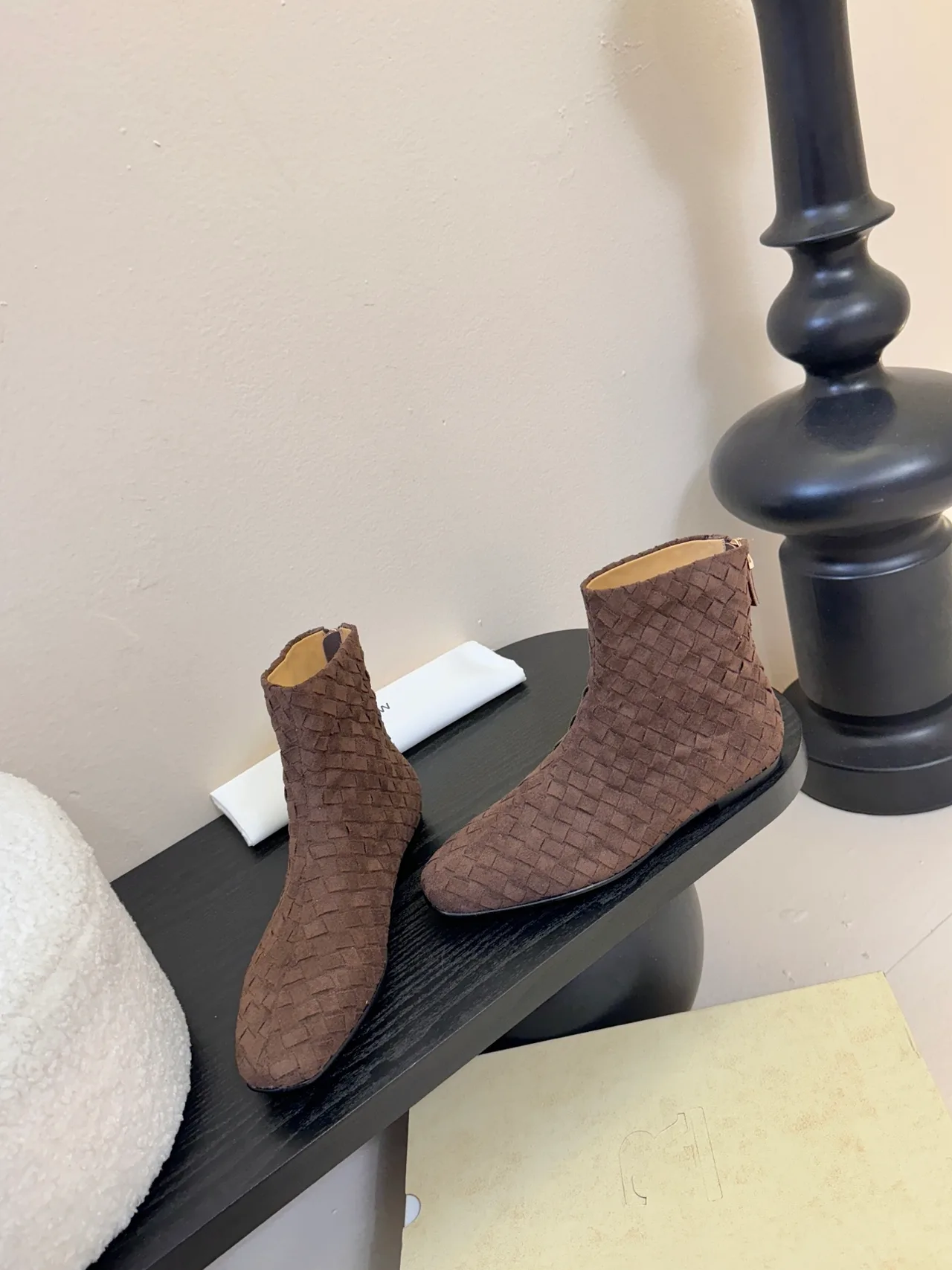 Quilted Lace-Up Woven Ankle Boots in Brown · view 3