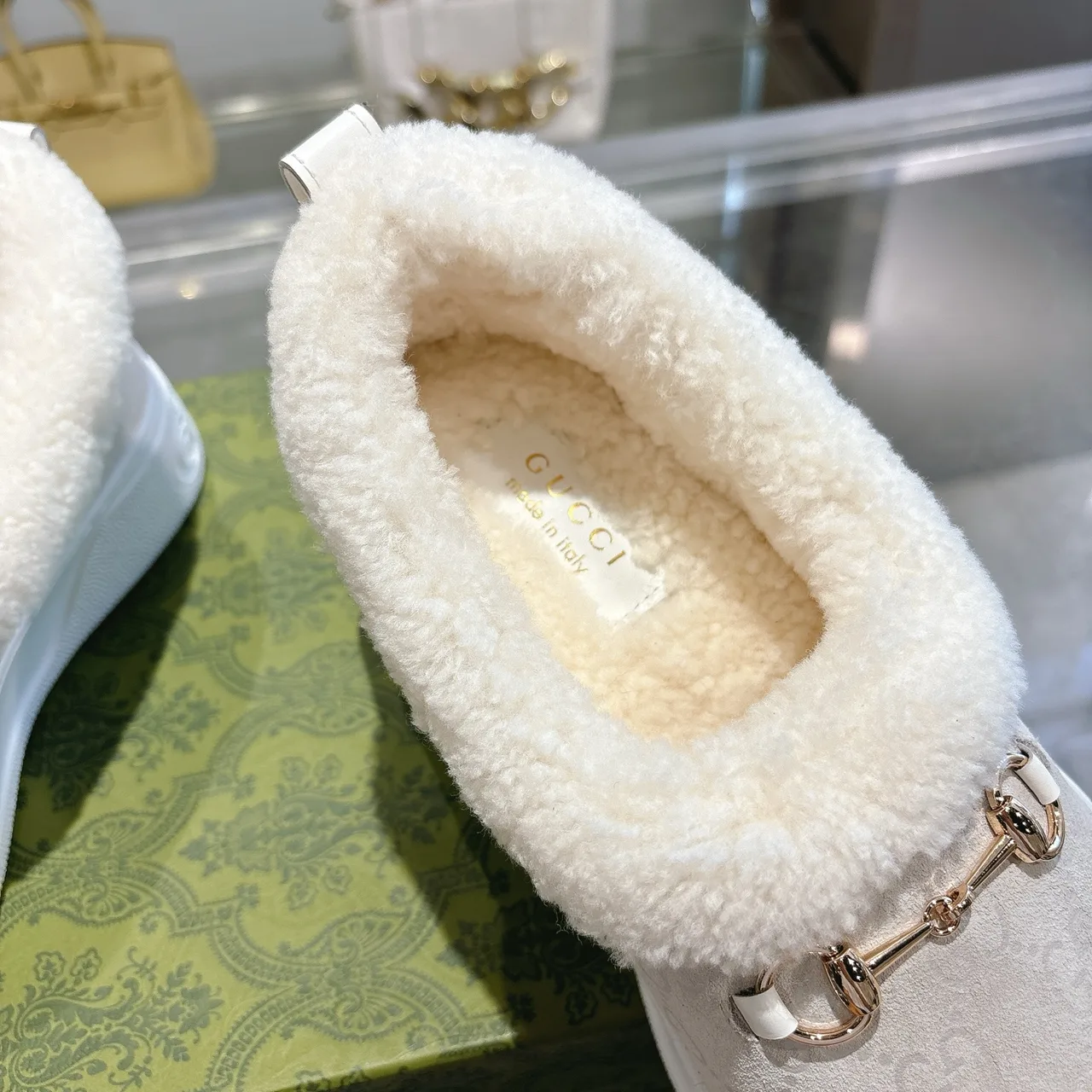 Gucci Cowhide Sheepskin Buckle Slippers in Grey · view 8