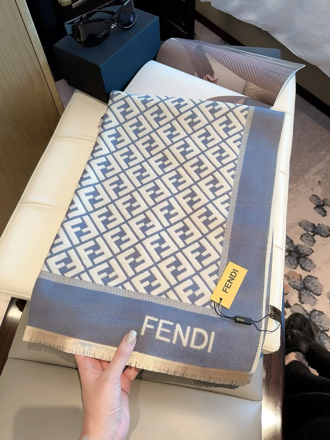 Fendi FF Jacquard Scarf in Blue & Black · view 1