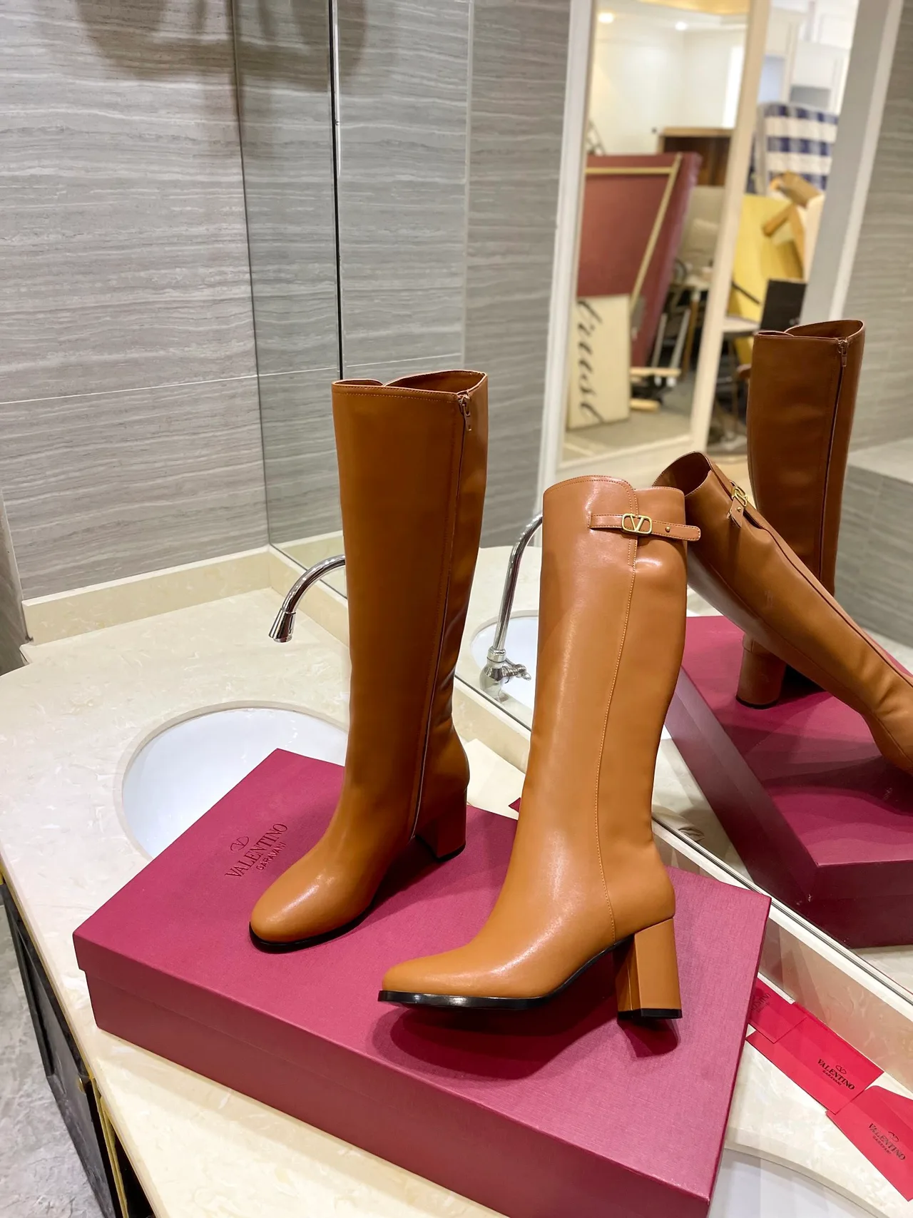 Valentino Leather Glossy Buckle Knee-High Boots in Brown · view 4