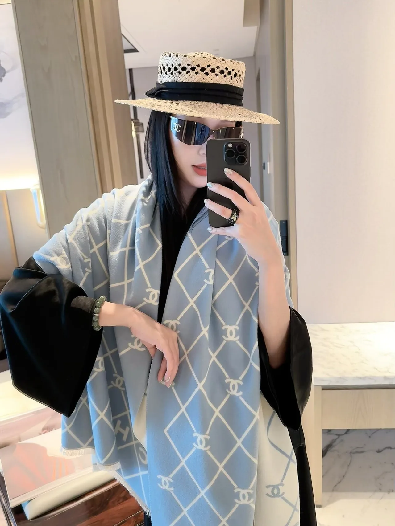 Chanel Diamond CC Shawl in Blue & Red & Grey · view 5