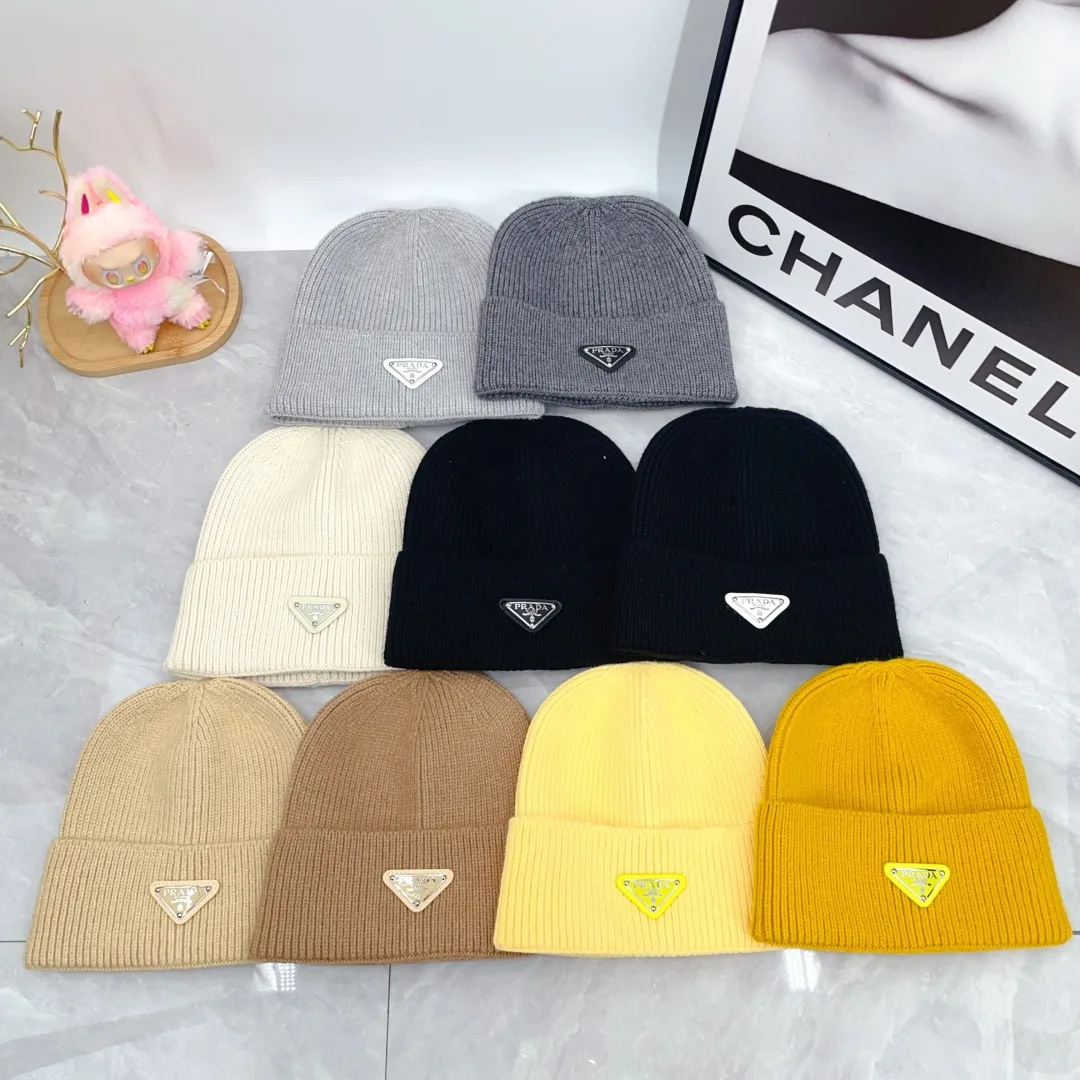 Prada Triangle-Badge Beanie in Black & Grey & White & Beige & Brown & Yellow & Blue & Pink & Red · view 2