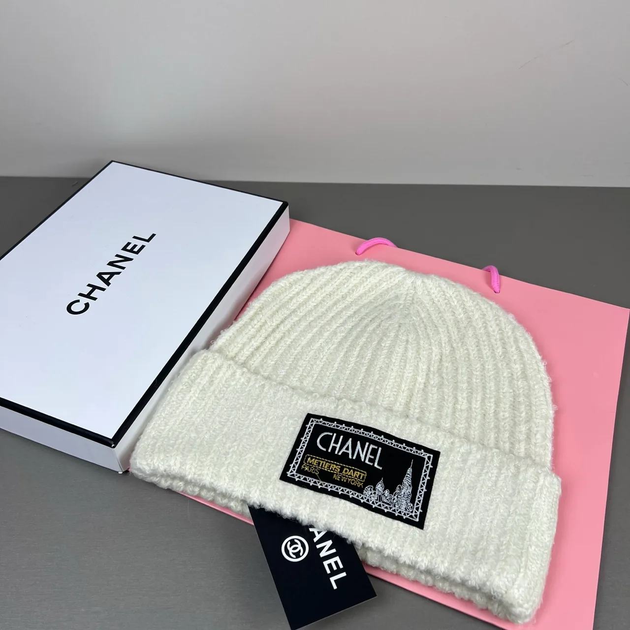 Chanel Label-patch knit beanie in Black & Cream · view 7