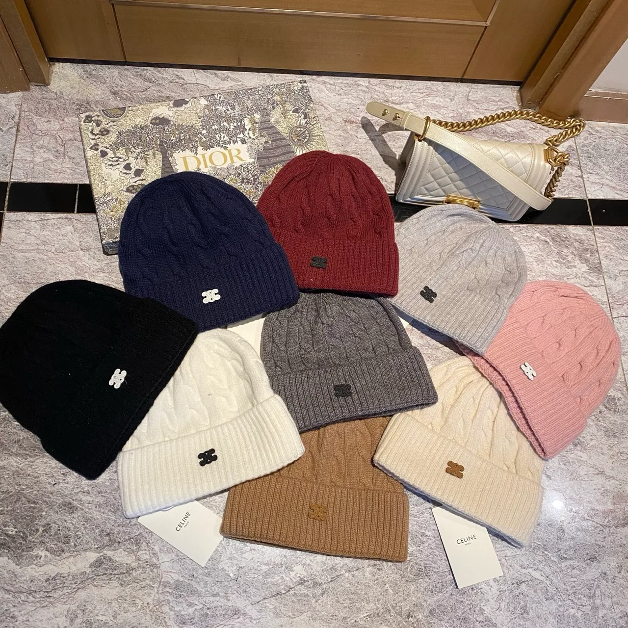 Celine Cable knit beanie in White & Black & Blue & Brown & Grey & Burgundy & Cream & Pink · view 8