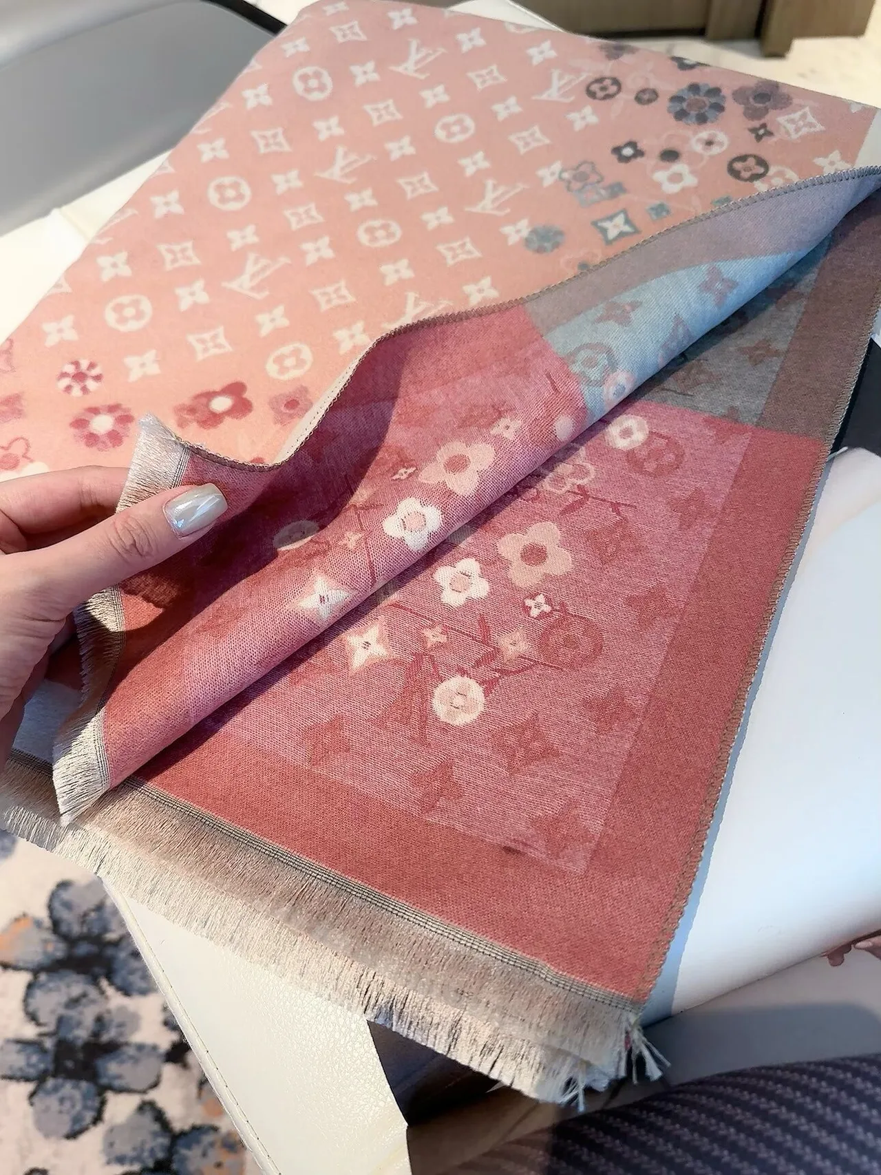 Louis Vuitton Floral Monogram Scarf in Pink & Cream · view 5