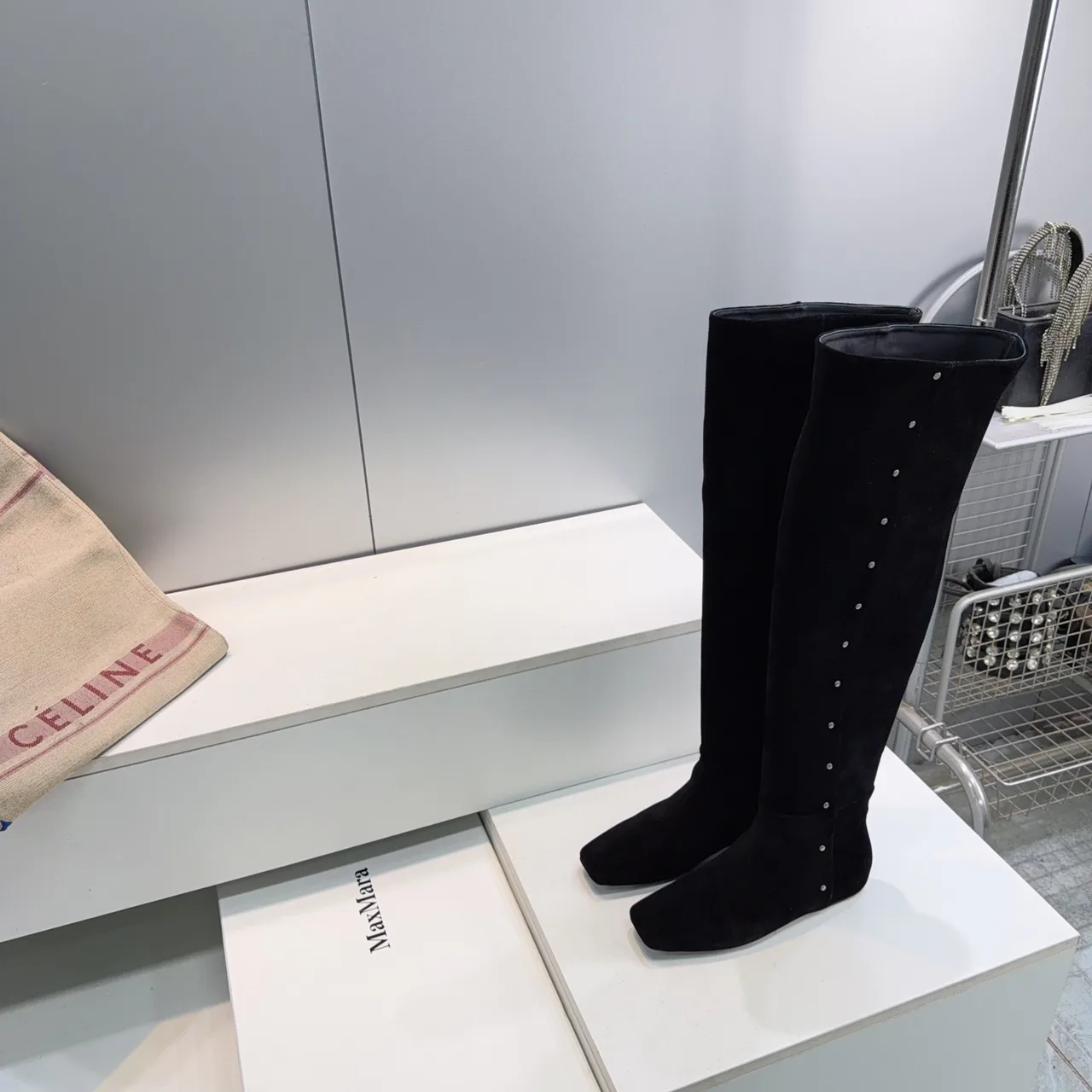 Max Mara Glossy Suede-Look Pointed-Toe Knee-High Boots in Black · view 2