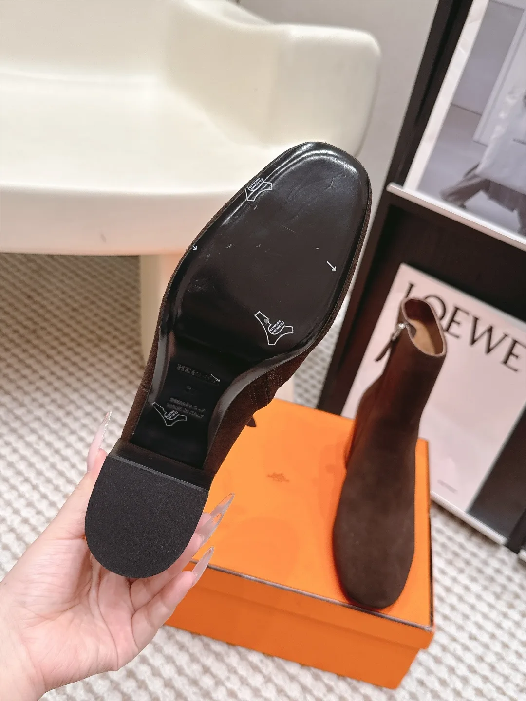 Loewe Glossy Suede-Look Pointed-Toe Ankle Boots in Brown · view 8