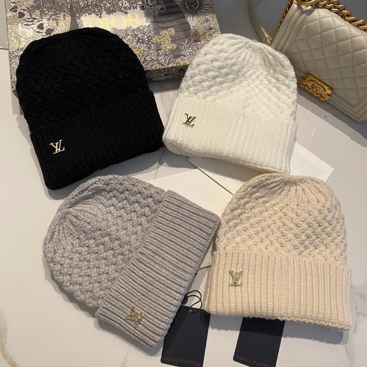 Louis Vuitton Beanie in Black & White & Beige & Grey · view 7