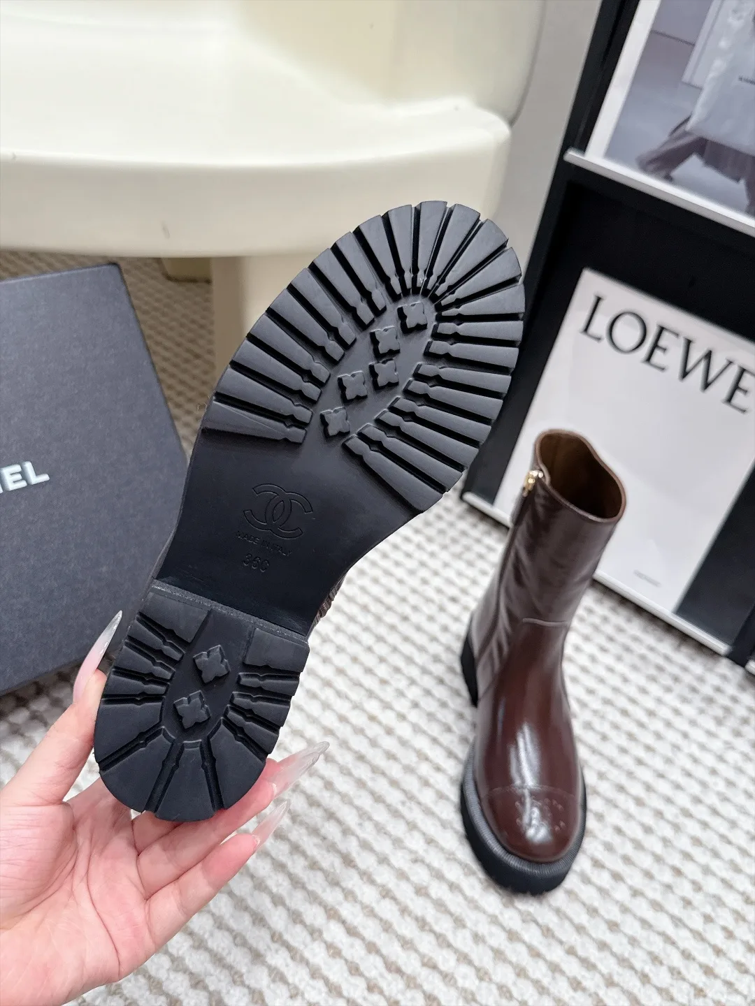 Loewe Cowhide Glossy Round-Toe Ankle Boots in Brown · view 8