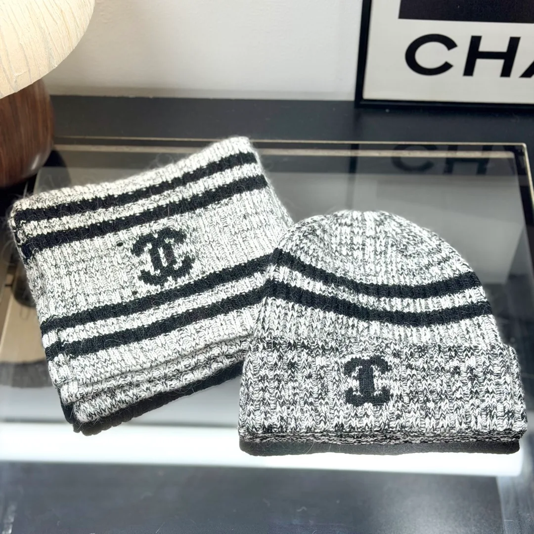 Chanel Wool Striped Beanie and Scarf Set in Grey · view 4