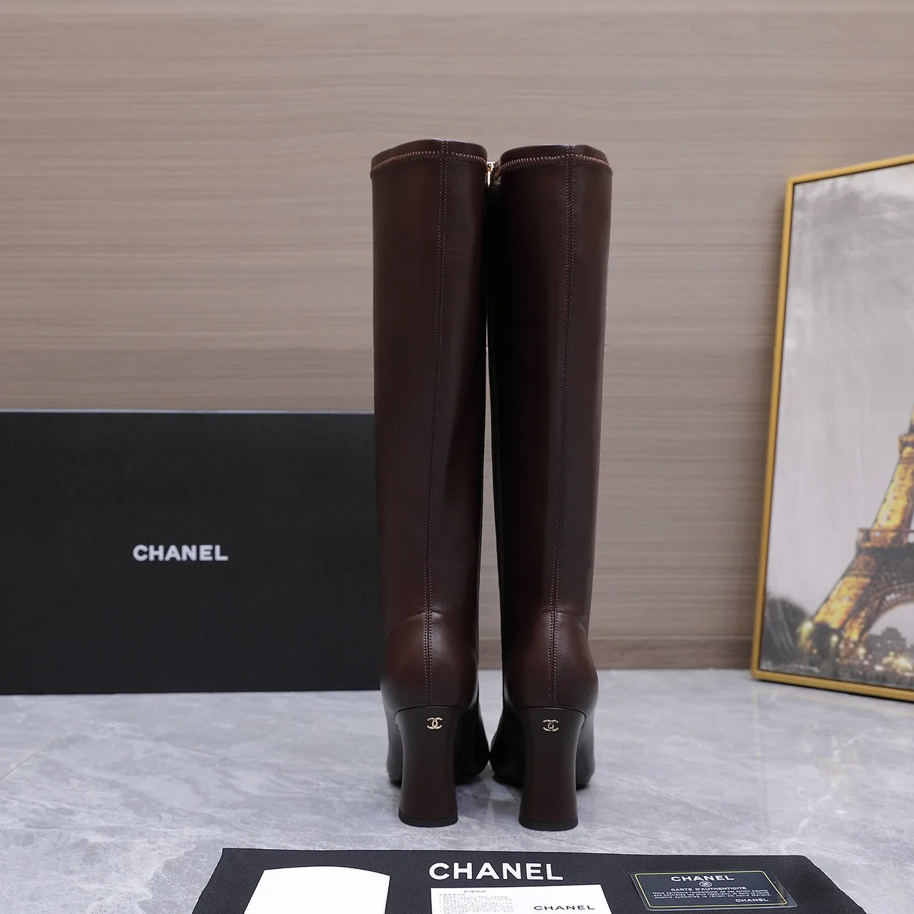 Chanel Cowhide Glossy Square-Toe Knee-High Boots in Brown · view 4