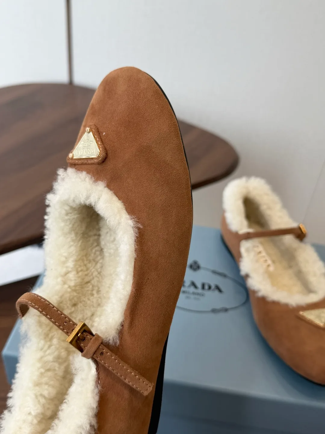 Prada Suede-Look Slippers in Tan · view 6