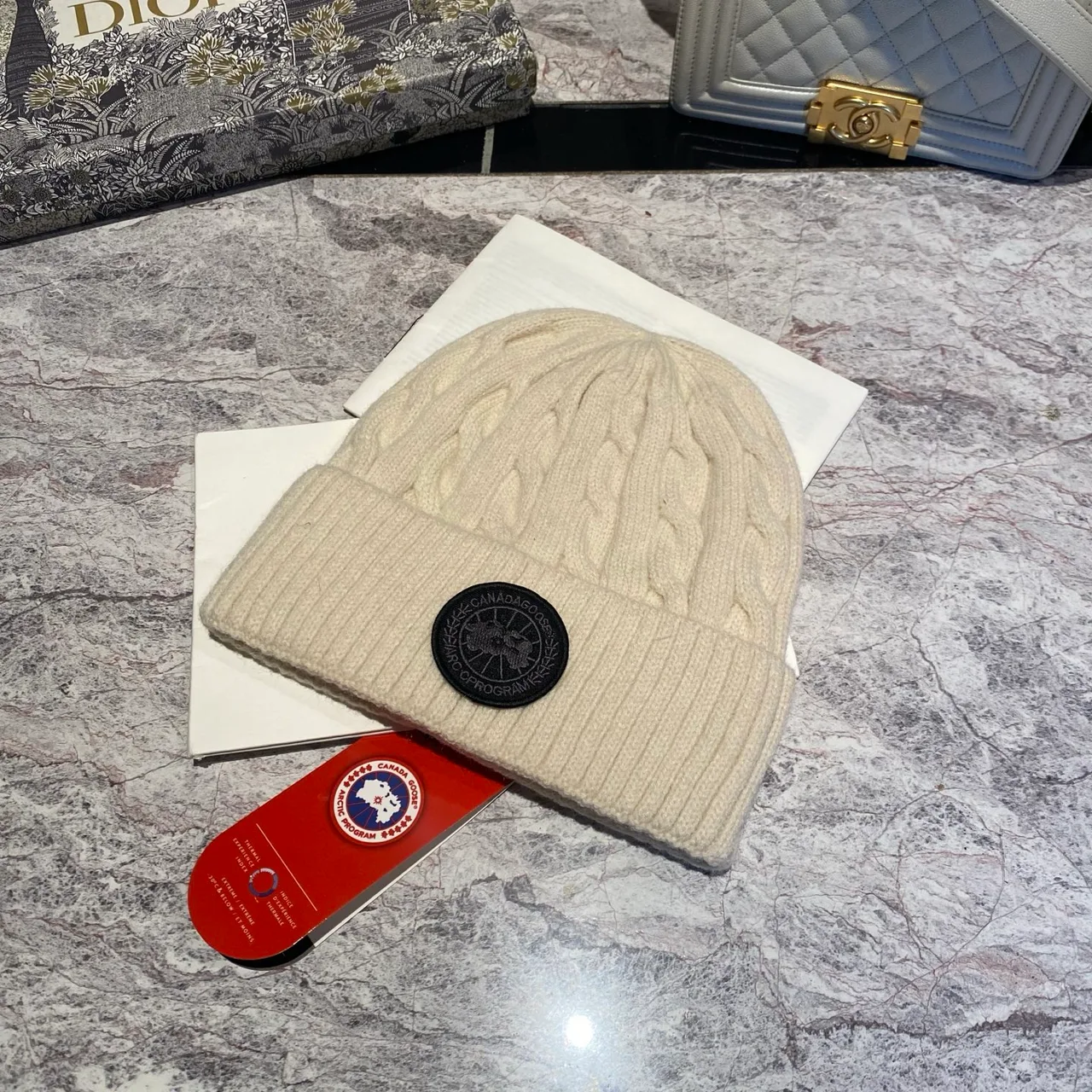 Canada Goose Cable-knit logo beanie in Black & Grey & White & Tan & Cream & Blue & Pink & Burgundy · view 5