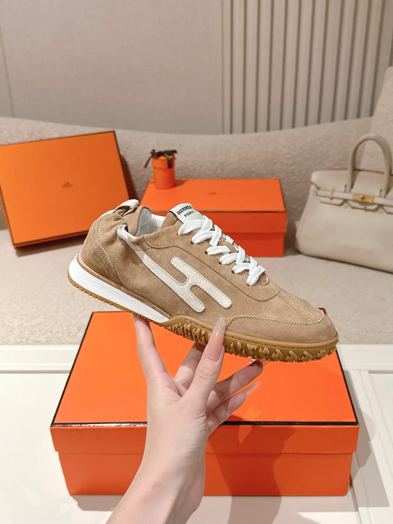 Hermes Sheepskin Suede Sneakers in Tan · view 5