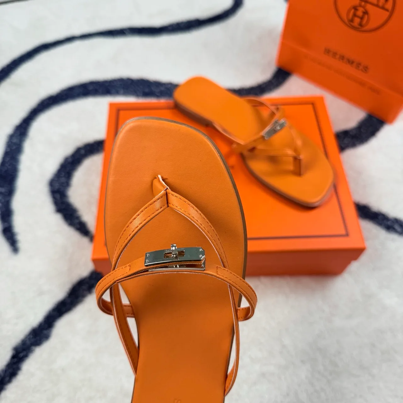 Hermes Denim Leather Flip-Flops in Orange · view 4