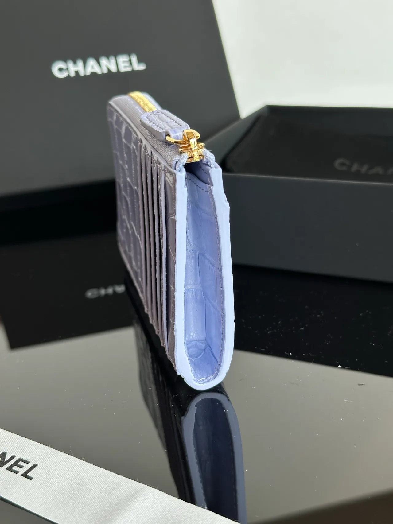 Chanel 26S CF Croc-Embossed Zip Card Holder in Purple · view 8