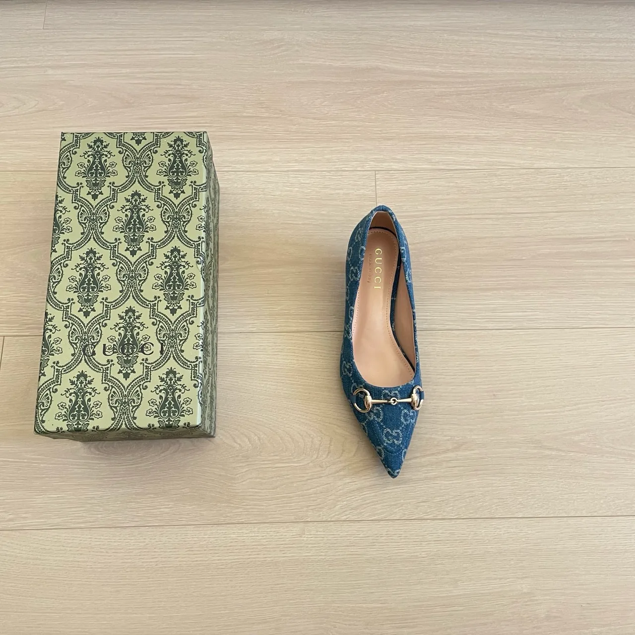 Gucci Canvas Pointed-Toe Monogram Kitten Heel Pumps in Blue · view 7