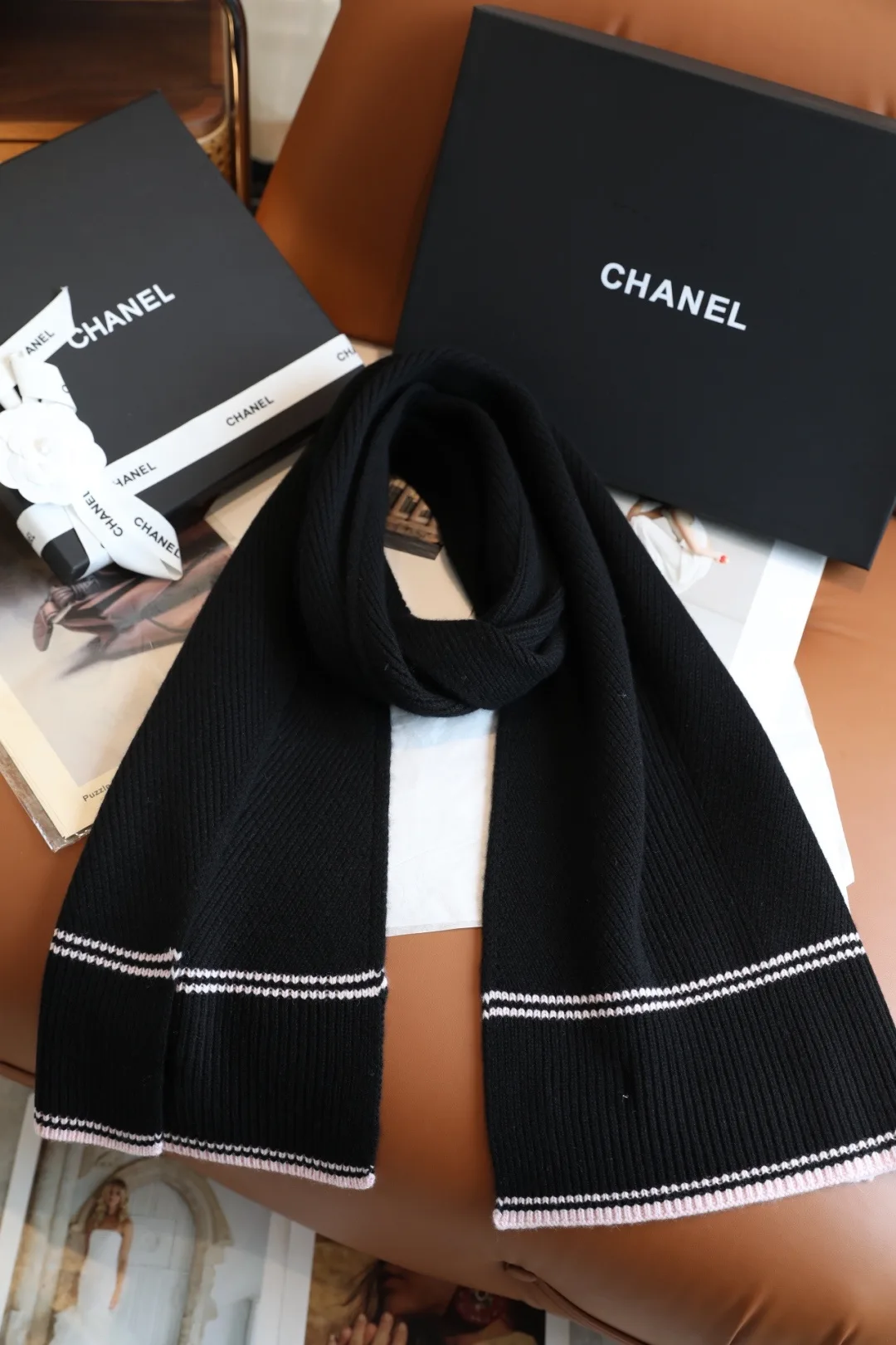 Chanel Wool Cashmere Striped Scarf in Black · view 1